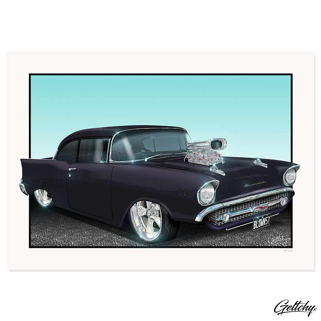 Geltchy | BLOWN 57 Running On Empty Film Car Movie 1957 Black Chevrolet Bel Air Street Machine Fine Art Prints Illustrated Artwork For Sale