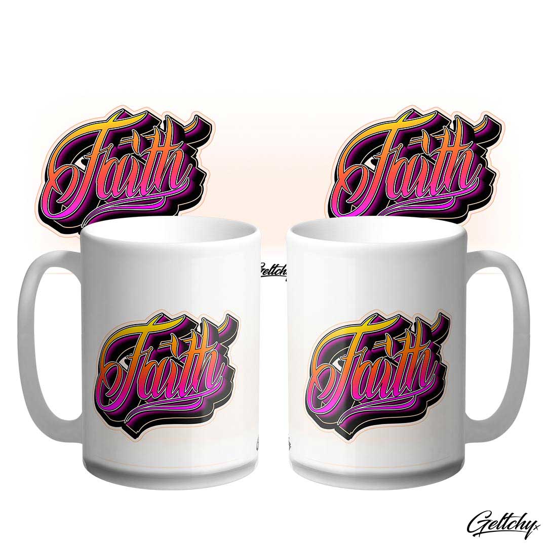 Geltchy | FAITH - Faith Hope Love 15oz Inspirational Home Decor Unique Tattoo Flash Typography Coffee Mug designed and made in Australia
