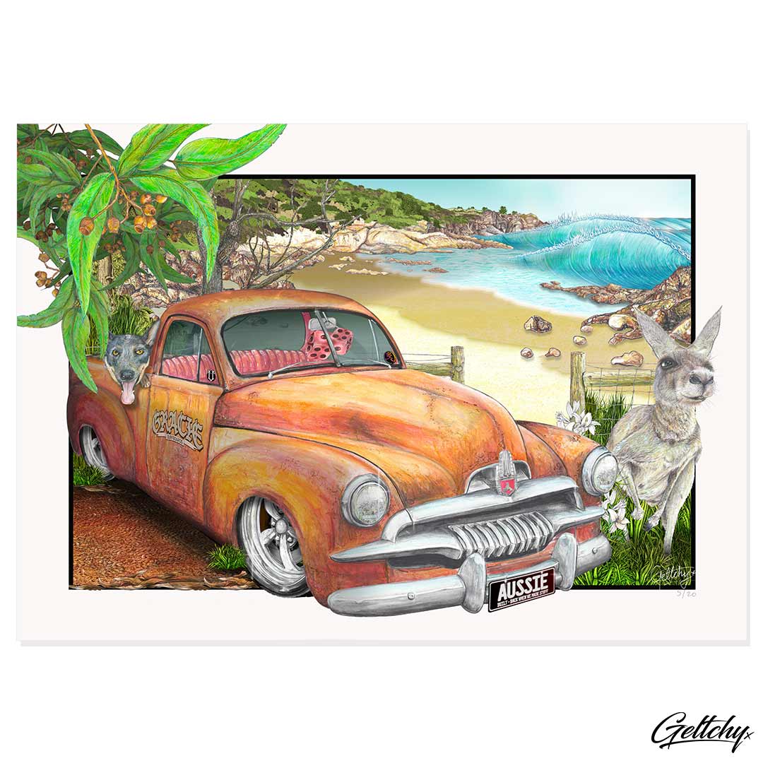 Geltchy | FJ HOLDEN Fine Art Print Dreaming Beach Kangaroo Australiana Illustrated Art Collectable Visual Artwork Limited Edition Giclee Print