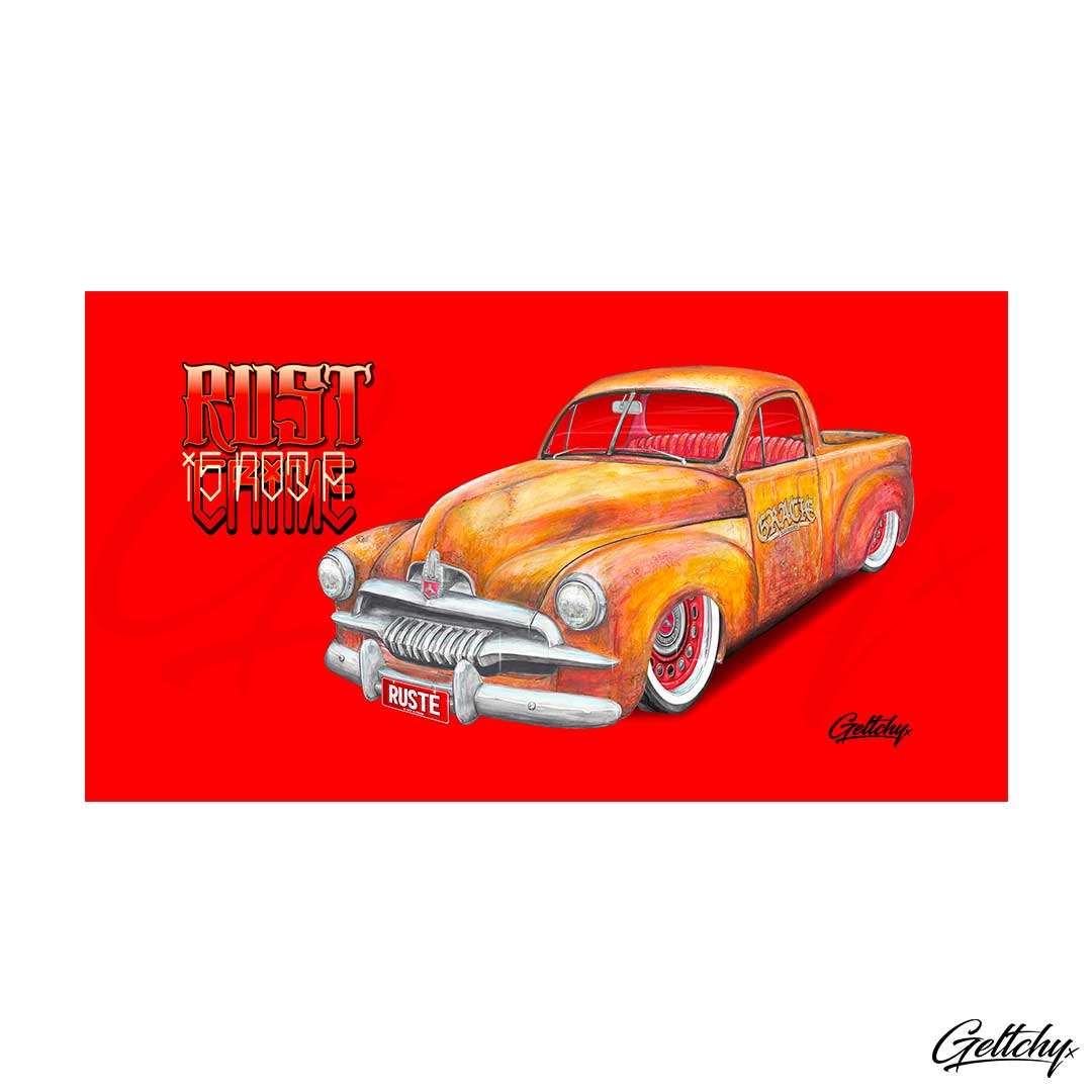 Geltchy | FJ HOLDEN UTE Red Beer Stubby Cooler Rust Is Not Crime Australian Patina Rat Rod Unique Illustrated Car Gift Artwork