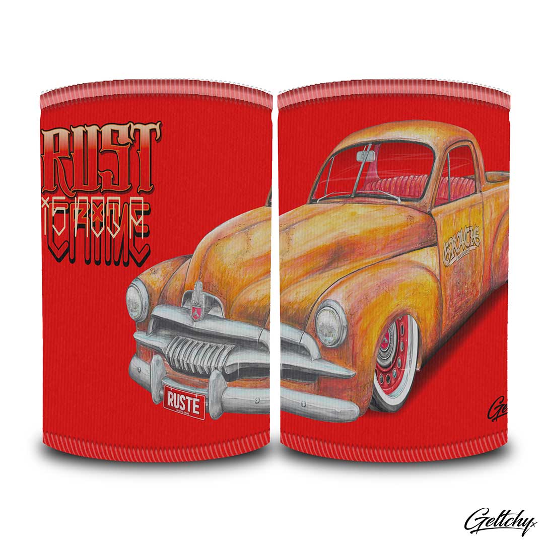 Geltchy | FJ HOLDEN UTE Red Beer Stubby Cooler Rust Is Not Crime Australian Patina Rat Rod Unique Illustrated Car Gift