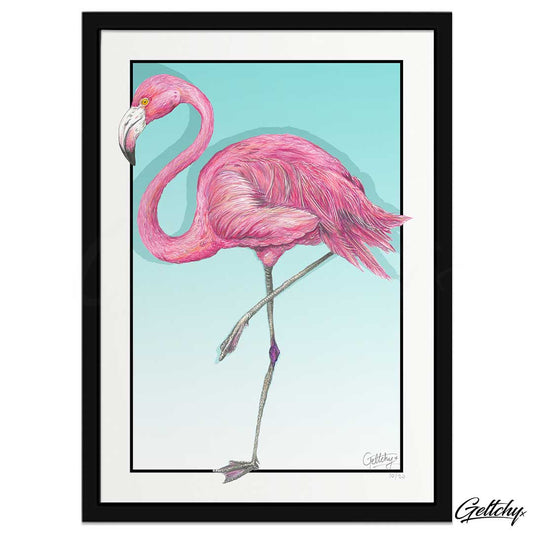 Geltchy | FLAMINGO Lowbrow Kitsch Pink Wall Art Bird Artwork Framed Home and Decor Prints for Living Room