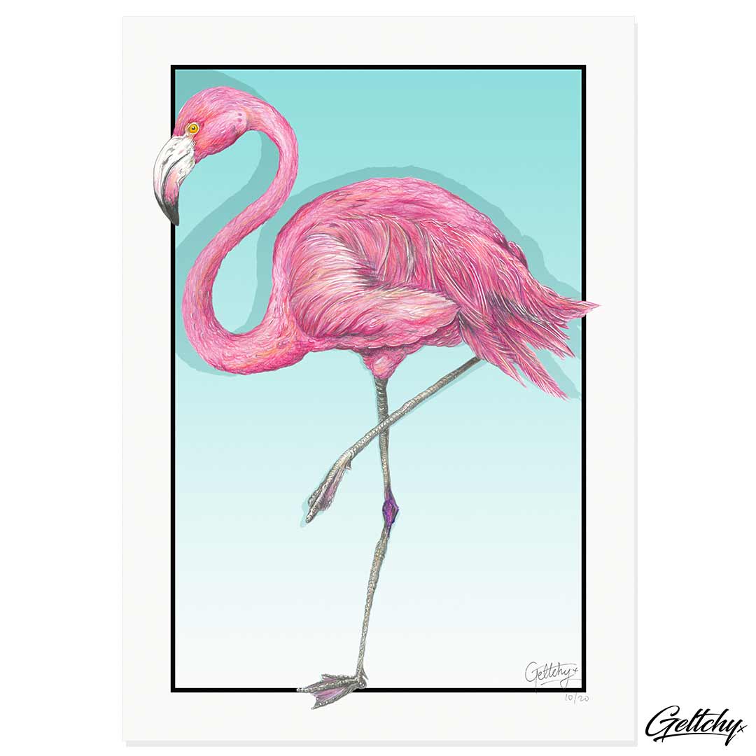 Geltchy | FLAMINGO Lowbrow Kitsch Pink Wall Art Bird Artwork Illustration Home and Decor Prints for Living Room