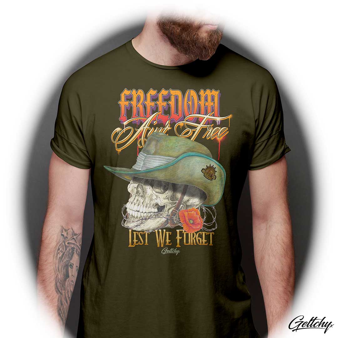 Geltchy | FREEDOM Ain't Free ANZAC Digger Mens Army Regular Fit Illustrated Skull Wearing Slouch Hat T-Shirt designed and printed in Australia Front
