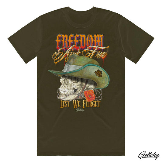 Geltchy | FREEDOM Ain't Free ANZAC Digger Mens Army Regular Fit Illustrated Skull Wearing Slouch Hat T-Shirt designed and printed in Australia
