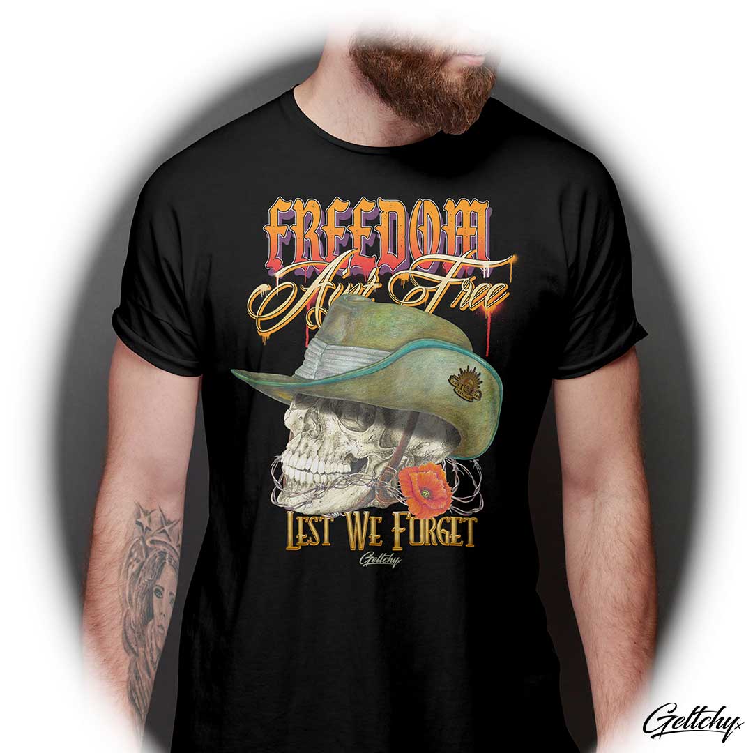 Geltchy | FREEDOM Ain't Free ANZAC Digger Mens Black Regular Fit Illustrated Skull Wearing Slouch Hat T-Shirt designed and printed in Australia Front