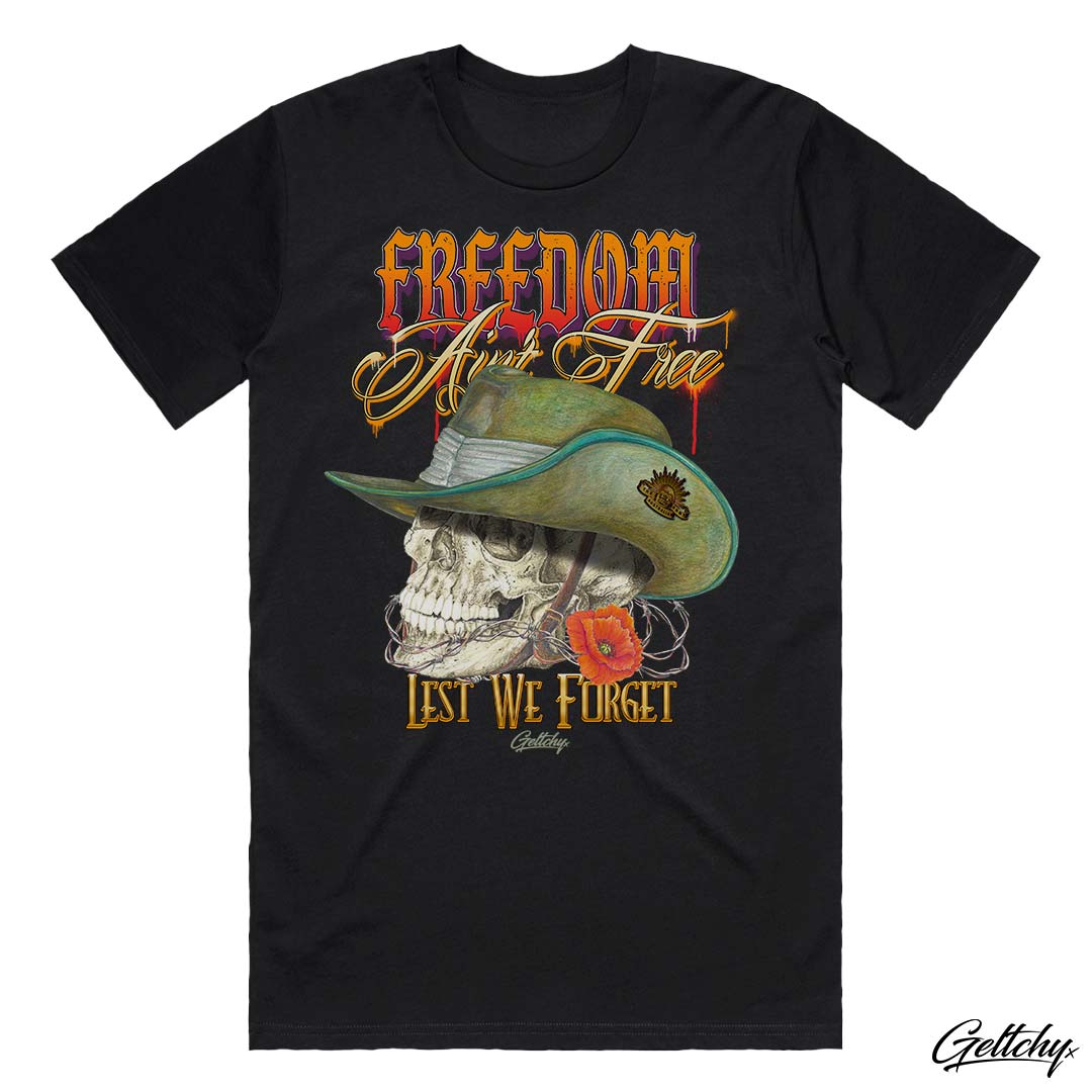 Geltchy | FREEDOM Ain't Free ANZAC Digger Mens Black Regular Fit Illustrated Skull Wearing Slouch Hat T-Shirt designed and printed in Australia