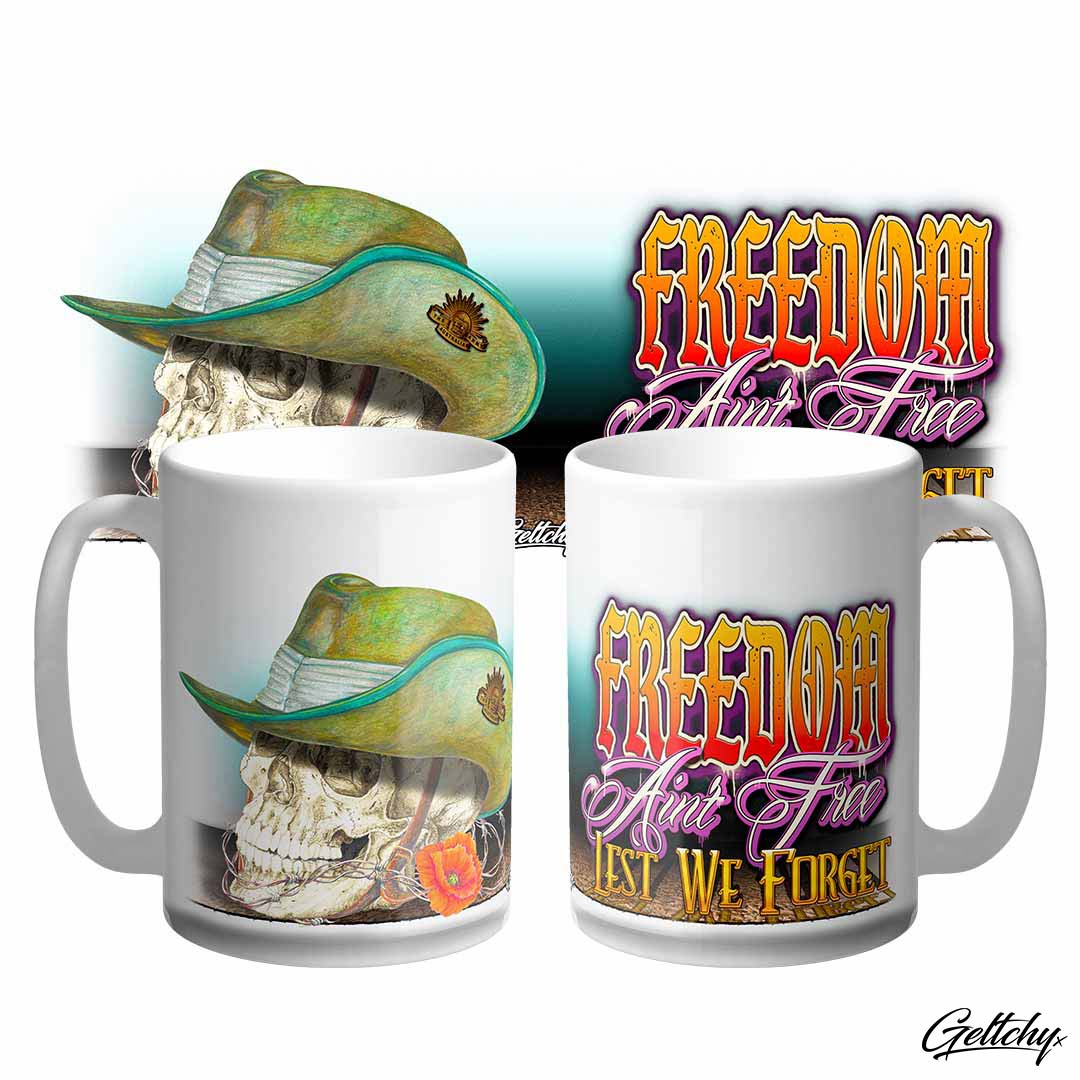 Geltchy | FREEDOM Ain't Free ANZAC Digger Skull Australiana Illustrated 15oz Unique Tattoo Flash Coffee Mug designed and made in Australia
