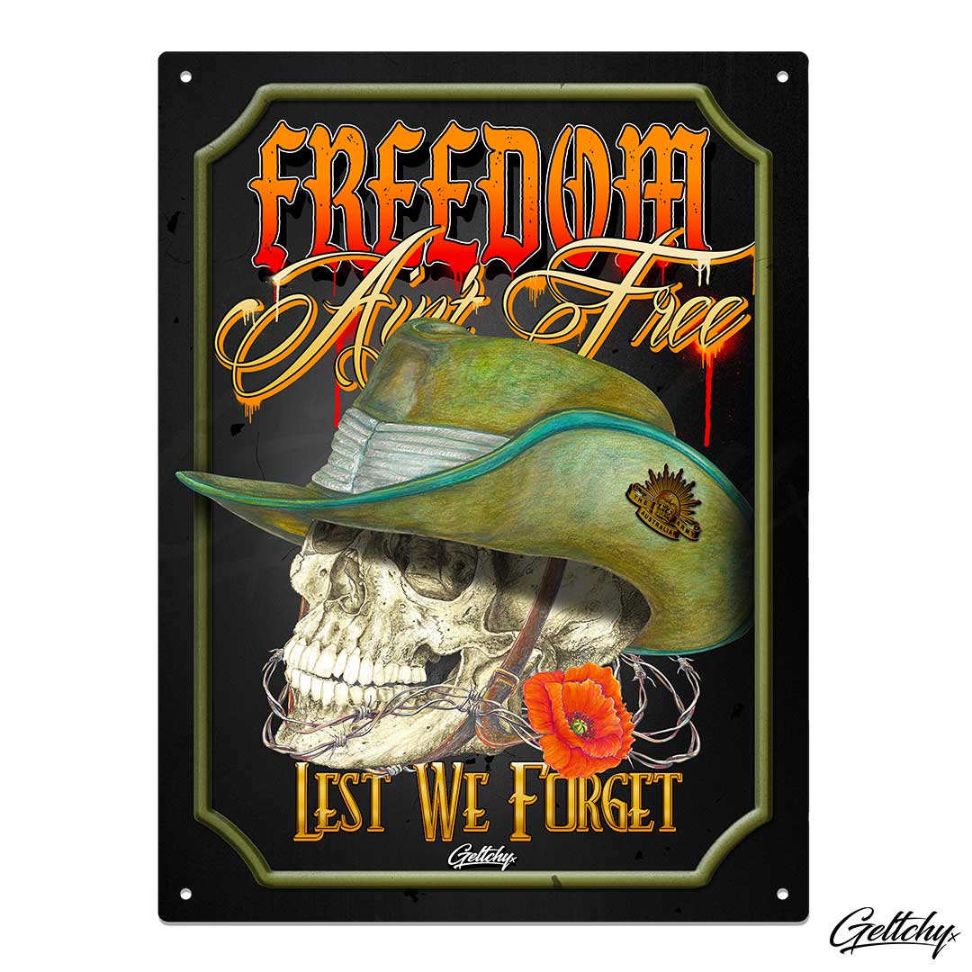 Geltchy | FREEDOM Ain't Free ANZAC Digger Skull Metal Sign Aluminium Tin Sign Best Man Cave Illustrated Australiana Barware