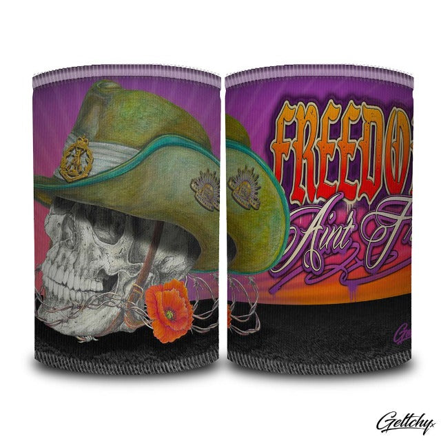 Geltchy | FREEDOM Ain't Free Beer Stubby Cooler Australian ANZAC Slouch Hat Skull Illustrated Aussie Gift