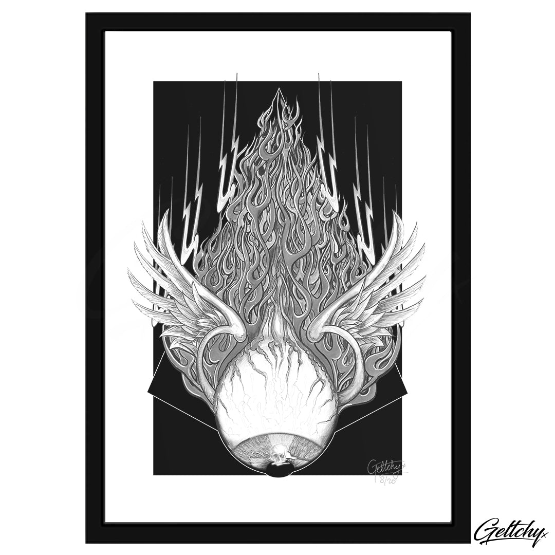 Geltchy | FUTURE SHOCK Kustom Kulture Hot Rod Surf Art Man Cave Flying Eye Flame Illustrated Framed Artwork Print