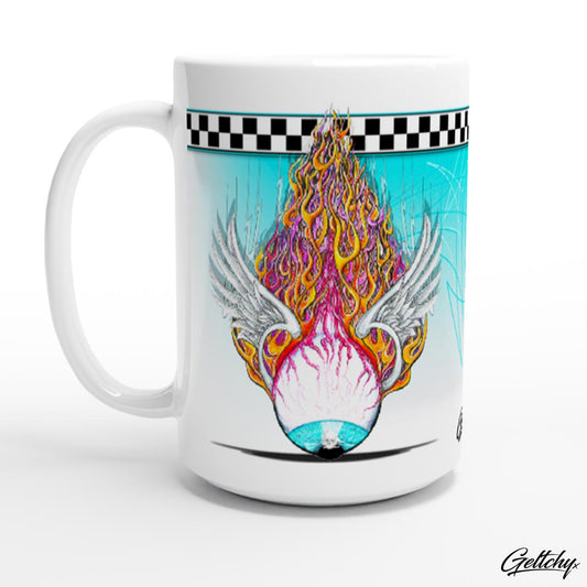 Flying Eyeball Rat Rod Kustom Kulture Flames Hot Rod Garage Rod Shop Illustrated 15oz Custom Coffee Mugs