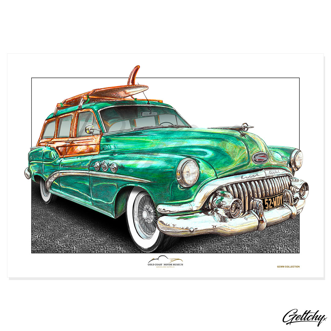 Geltchy | 1952 BUICK WOODY Green Surf Wagon Gold Coast Motor Museum Classic Car  Memorabilia Collector Fine Art Man Cave Vehicle Illustrated Artwork Print 