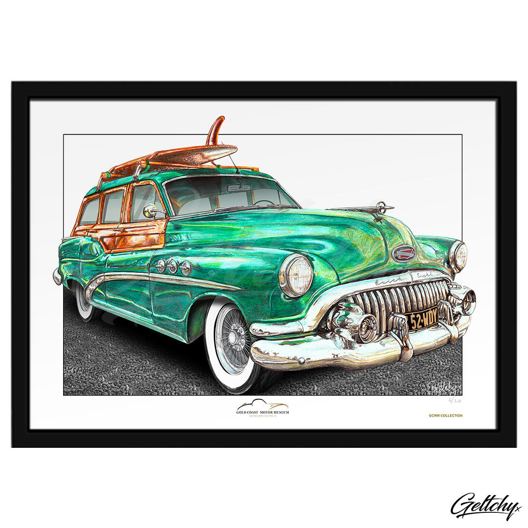 Geltchy | 1952 BUICK WOODY Green Surf Wagon Gold Coast Motor Museum Classic Car  Memorabilia Collector Fine Art Man Cave Vehicle Illustrated Framed Artwork Print 