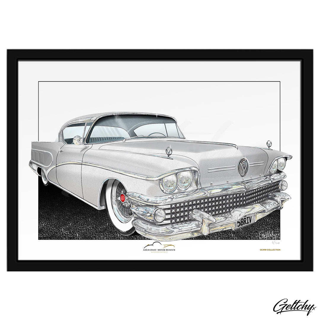 Geltchy | 1958 SILVER BUICK ROADMASTER LIMITED RIVIERA Gold Coast Motor Museum Classic Car  Memorabilia Collector Fine Art Man Cave Automotive Vehicle Illustrated Framed Artwork Print 