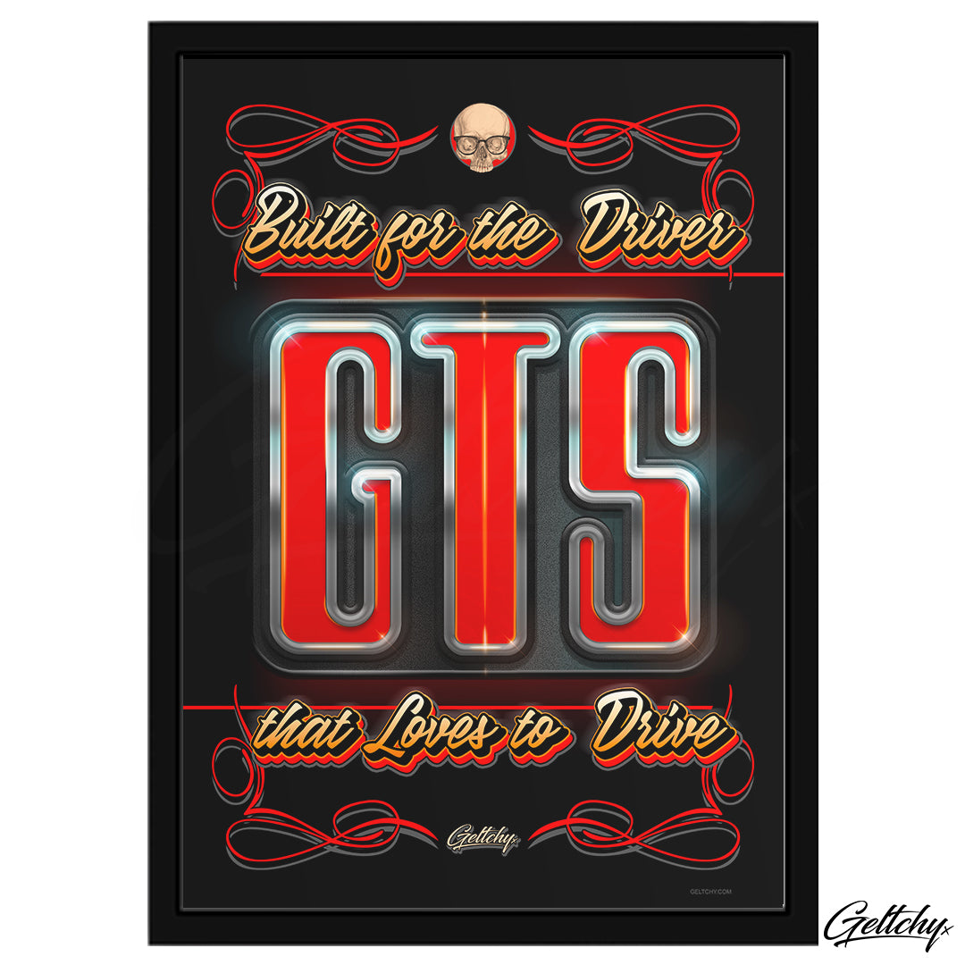 Geltchy | GTS HOLDEN GMH Built for the Driver that Loves to Drive Badge Australian Street Machine Typography Lettering Pinstripe Man Cave She Shed Visual Artwork Home Decor  Framed Poster Print