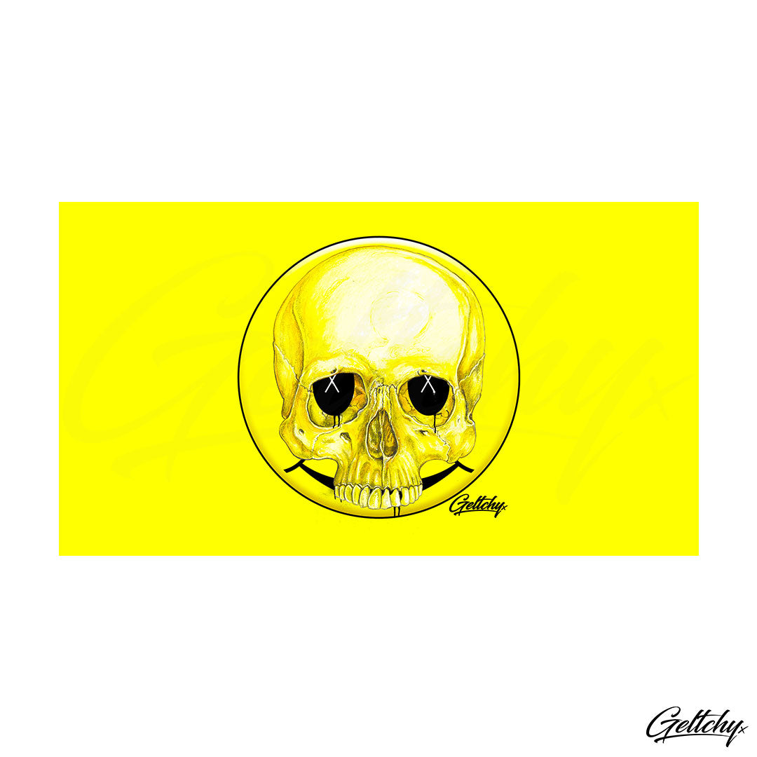Geltchy | HAPPY? Beer Stubby Cooler Yellow Smiley Skull Unique Lowbrow Illustrated Gift Artwork