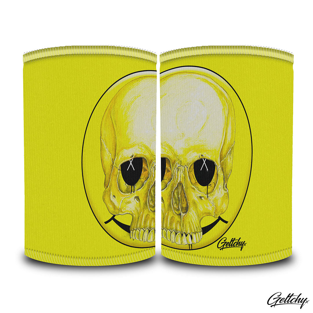 Geltchy | HAPPY? Beer Stubby Cooler Yellow Smiley Skull Unique Lowbrow Illustrated Gift