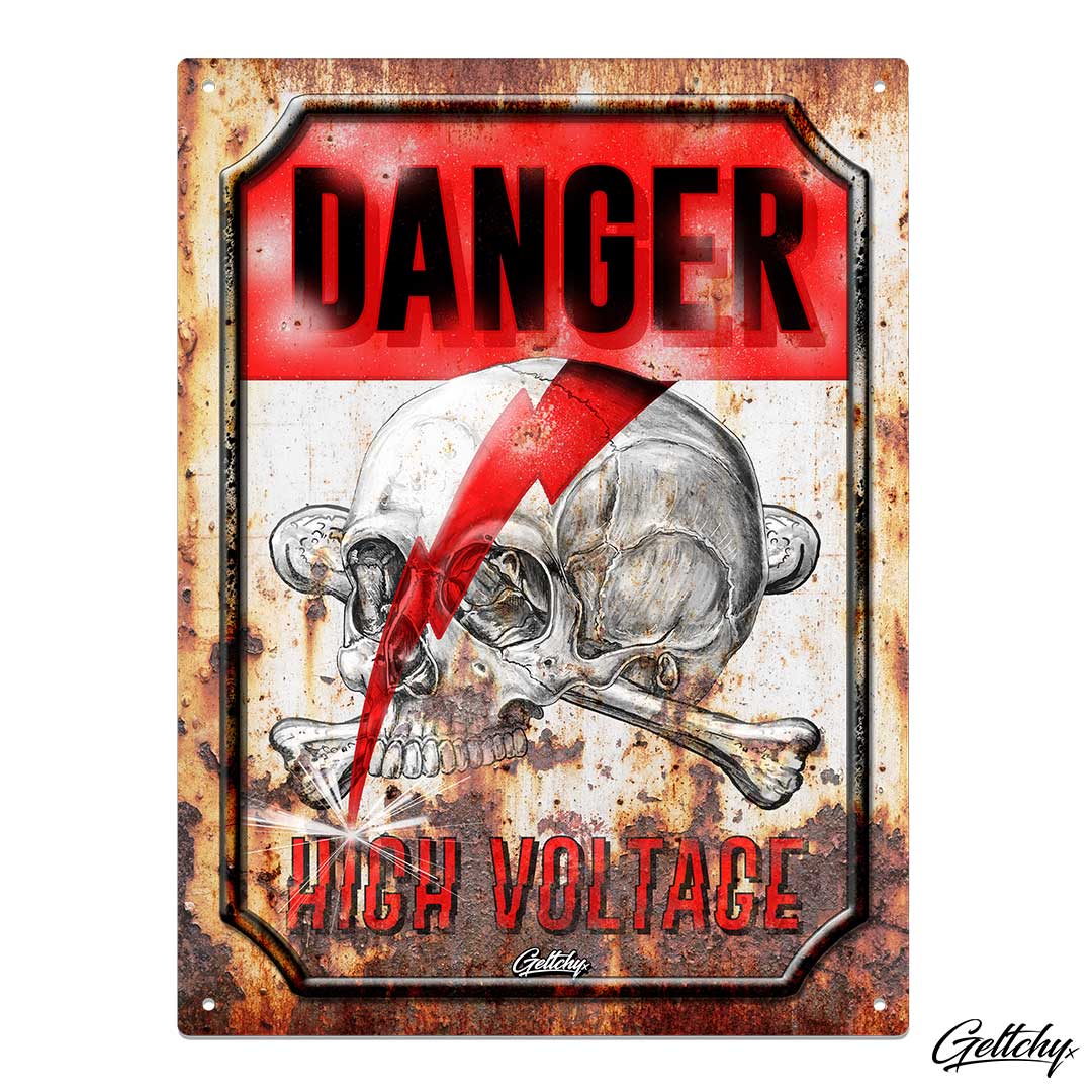 Geltchy | HIGH VOLTAGE Skull DANGER Metal Sign Aluminium Tin Sign. The Best Man Cave Illustrated Typography Lettering Barware