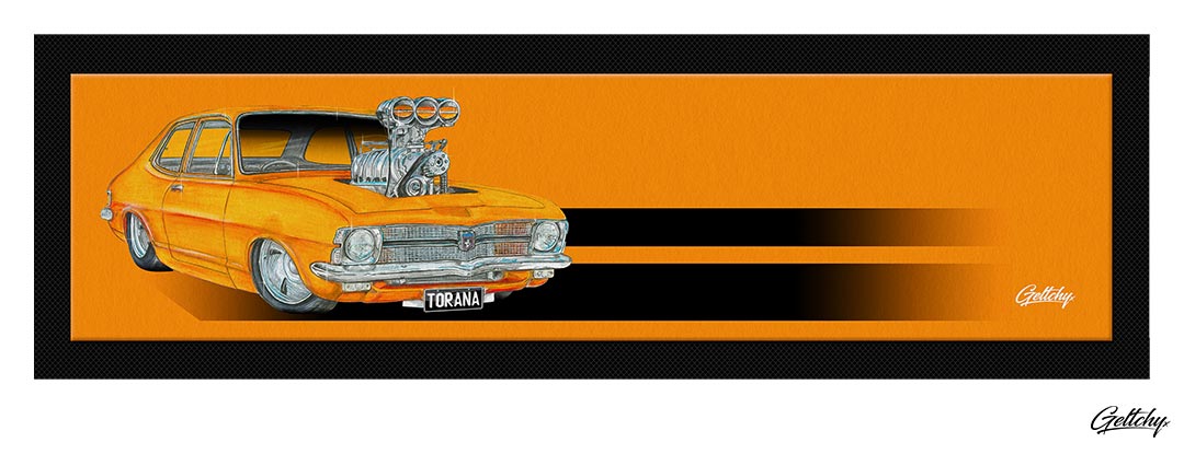 Geltchy Geltchy | HOLDEN LC TORANA Bar Runner Mat Sebring Orange Supercharged Blown Street Machine Illustrated Man Cave Barware Gift