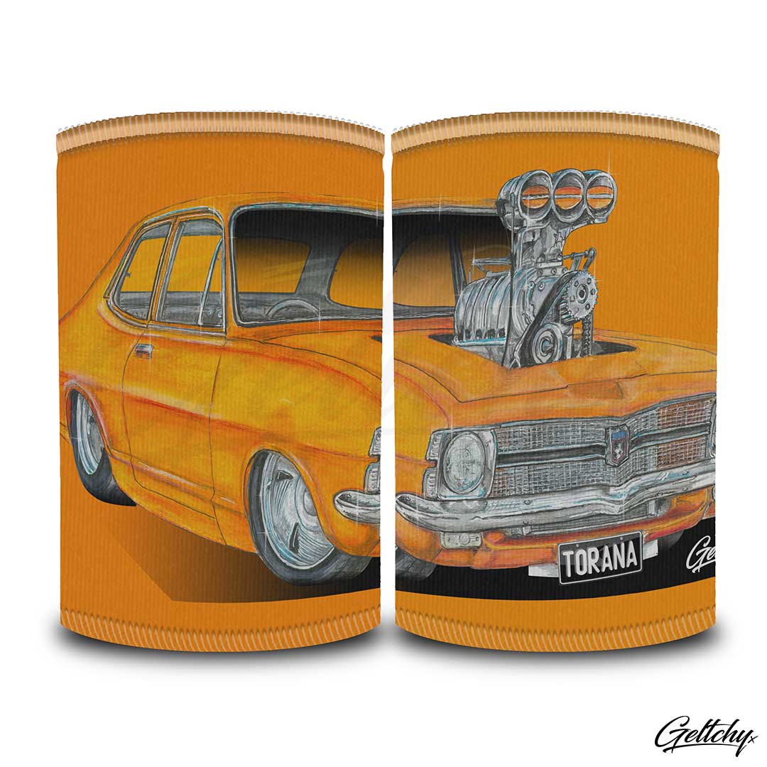 Geltchy | HOLDEN LC TORANA Beer Stubby Cooler Sebring Orange Supercharged Blown Street Machine Unique Lowbrow Illustrated Gift