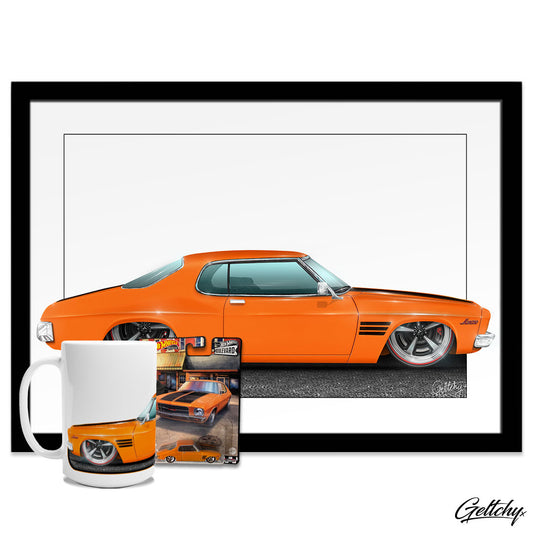 Geltchy | HOT WHEELS 73 HOLDEN HQ MONARO GTS Rare and Collectable A2 Framed Artwork, Mug and #53 Hot Wheels Boulevard Premium Die Cast Metal Car Ultimate Collection