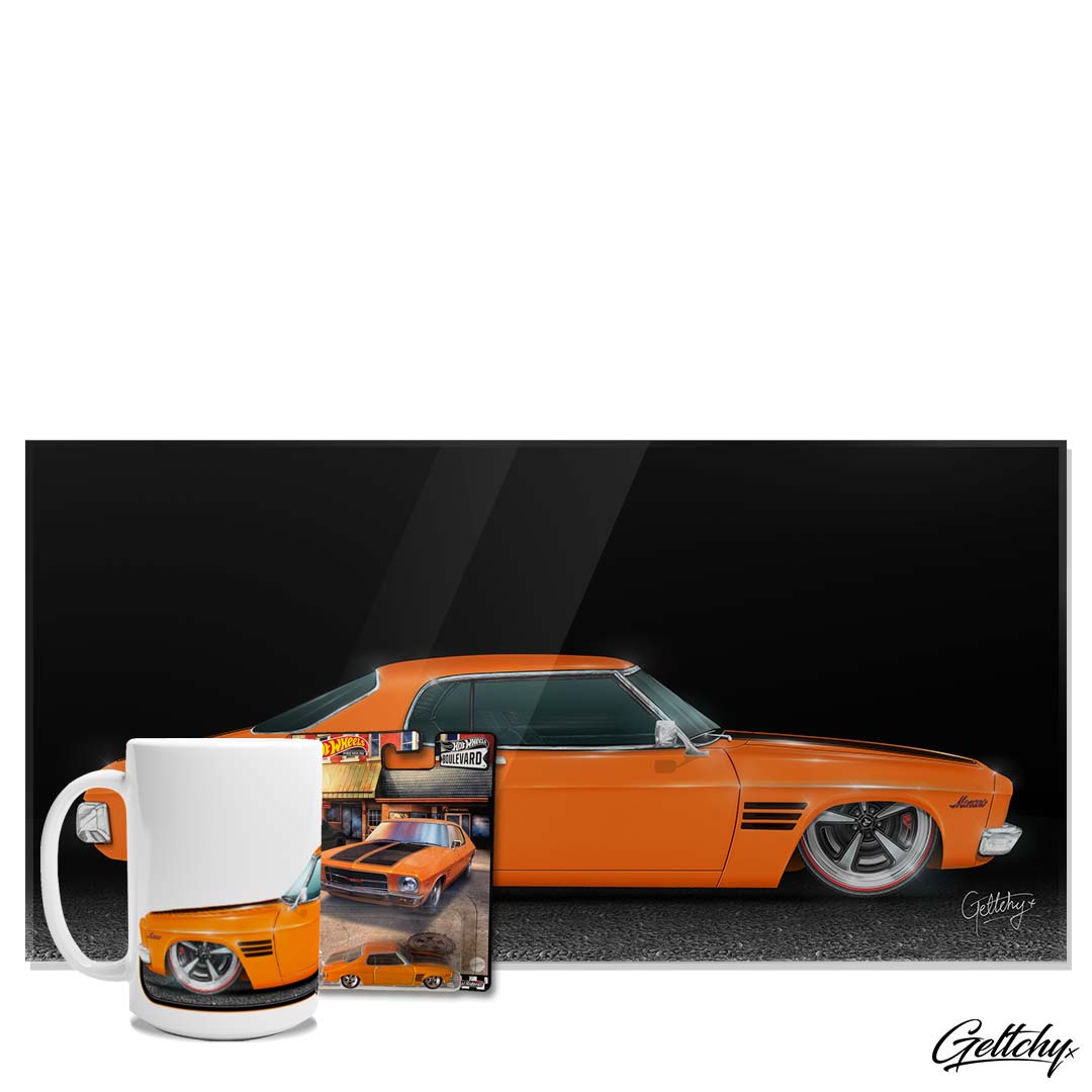 Geltchy | HOT WHEELS 73 HOLDEN HQ MONARO GTS Rare and Collectable Acylic Plexiglass Artwork, Mug and #53 Hot Wheels Boulevard Premium Die Cast Metal Car Ultimate Collection