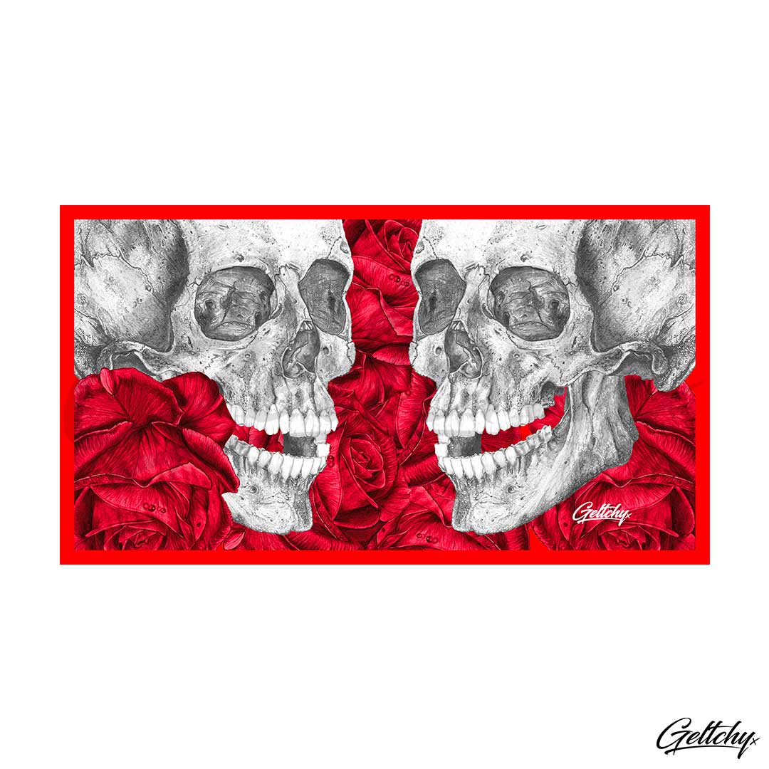 Geltchy | LAUGHING Beer Stubby Cooler Skull with Red Roses Lowbrow Tattoo Flash Illustrated Gift Artwork