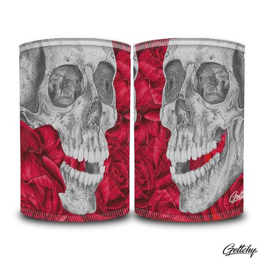 Geltchy | LAUGHING Beer Stubby Cooler Skull with Red Roses Lowbrow Tattoo Flash Illustrated Gift