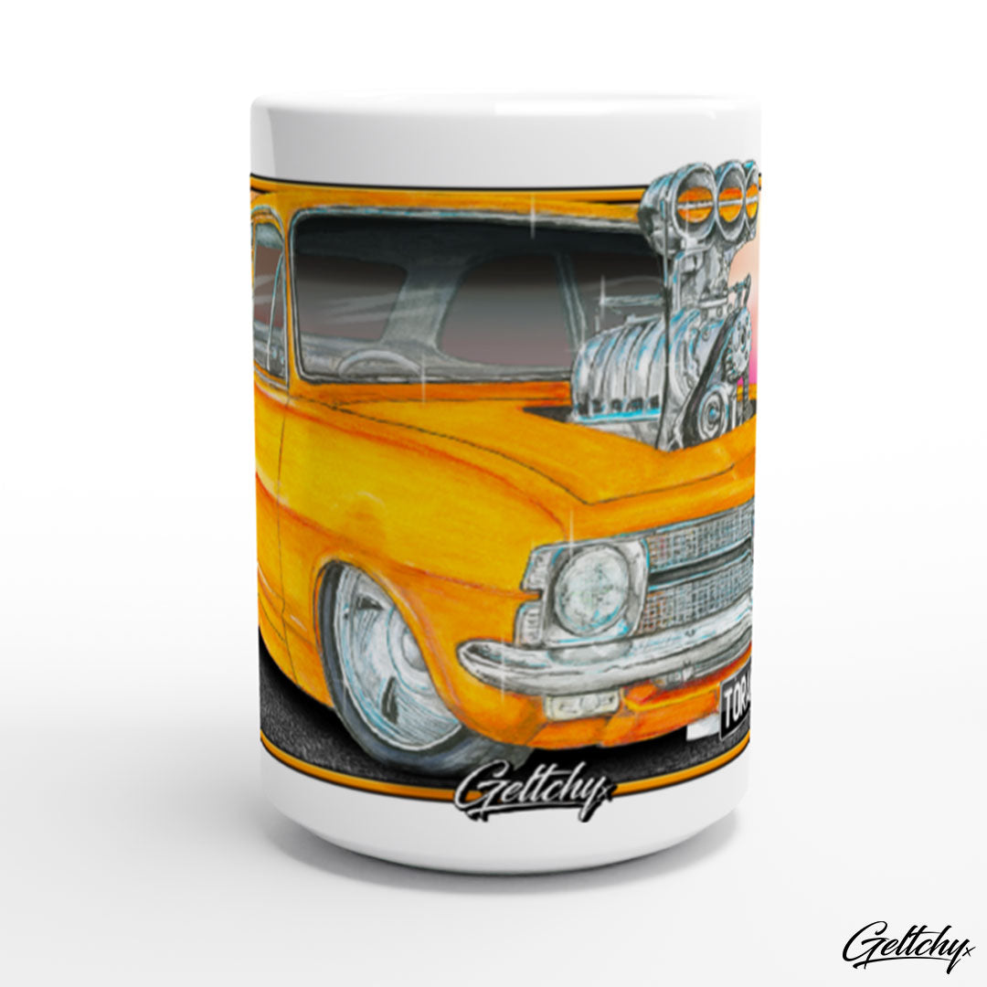 Geltchy | LC TORANA Holden Sebring Orange Supercharged Blown Street Machine Unique Lowbrow Illustrated Car 15oz Premium Coffee Mug Gift-2