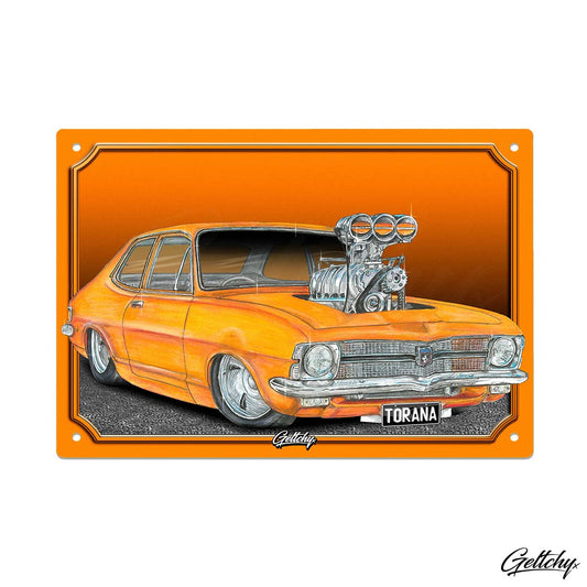 Geltchy | LC TORANA Holden Sebring Orange Supercharged Blown Street Machine Unique Lowbrow Illustrated Car Aluminium Tin Sign Giftware