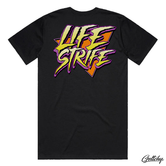 Geltchy | LIFE STRIFE Geometric Logo Orange Mens Black Regular Fit T-Shirt Back