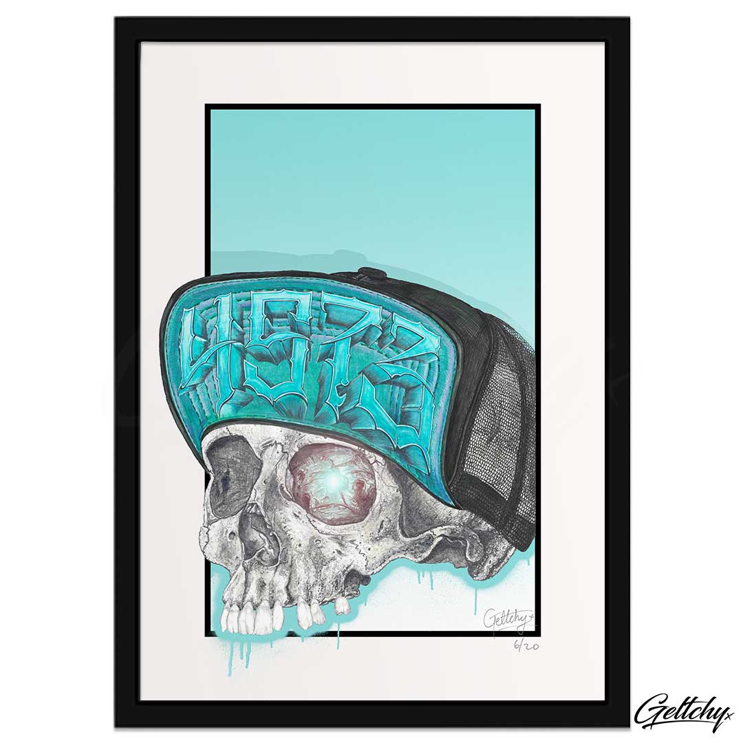 Geltchy | LURKER Skull Illustration Thrash Punk Rock Flipped Cap Skateboard Tattoo Prints Framed Fine Art