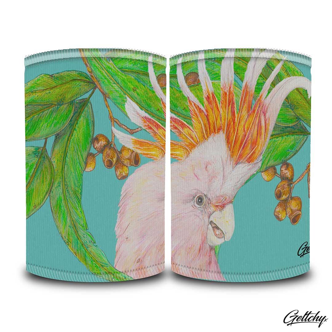 Geltchy | MAJOR MITCHELL Teal Beer Stubby Cooler Australian Cockatoo Unique Illustrated Bird Gift