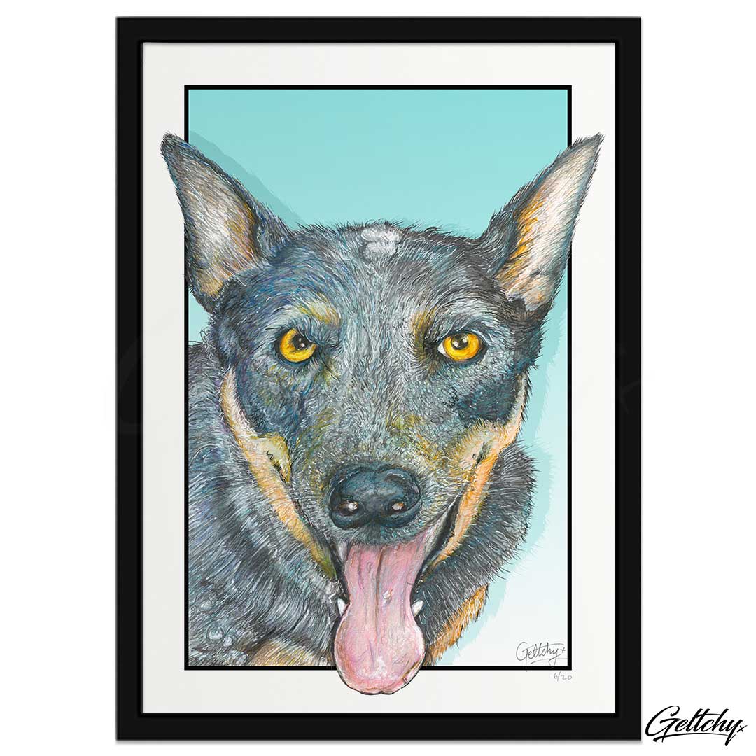 Geltchy | MATILDA  Blue Heeler Australian Cattle Dog Fine Art Pet Illustration Home Decor Framed Wall Art Print