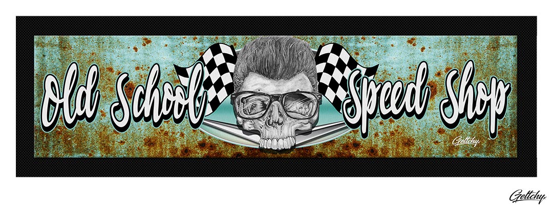 Geltchy | OLD SCHOOL RUST Bar Runner Rusty Skull and Typography Unique Lowbrow Illustrated Man Cave Rat Rod Barware Gift