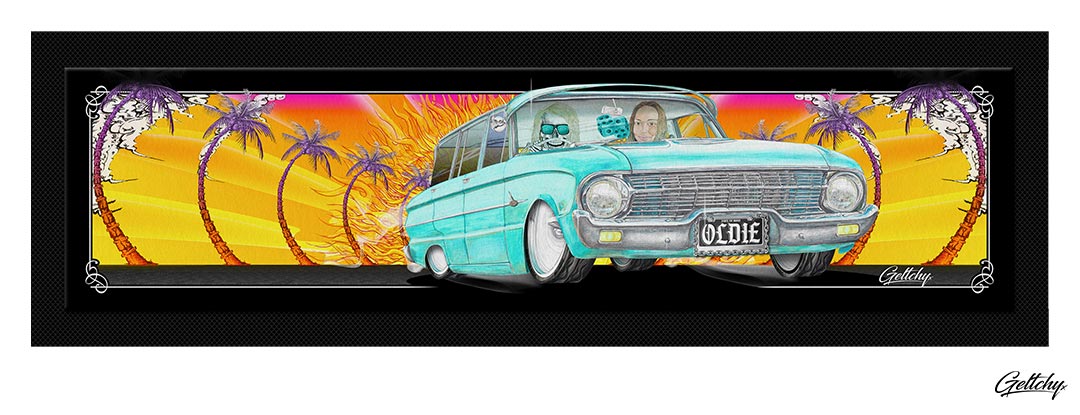 Geltchy | OLDIE Bar Runner XL Ford Falcon Wagon Street Machine Skeleton Summer Vibe Unique Lowbrow Illustrated Man Cave Barware Gift
