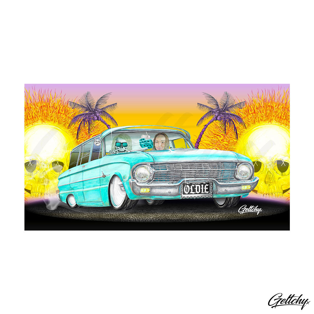 Geltchy | OLDIE XL FORD Falcon Wagon Beer Stubby Cooler Skeleton Summer Vibe Unique Lowbrow Illustrated Gift Artwork