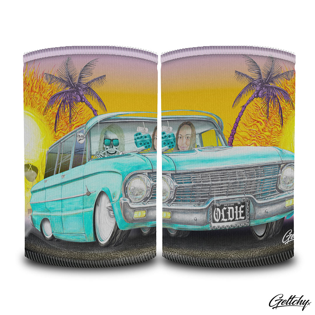 Geltchy | OLDIE XL FORD Falcon Wagon Beer Stubby Cooler Skeleton Summer Vibe Unique Lowbrow Illustrated Gift