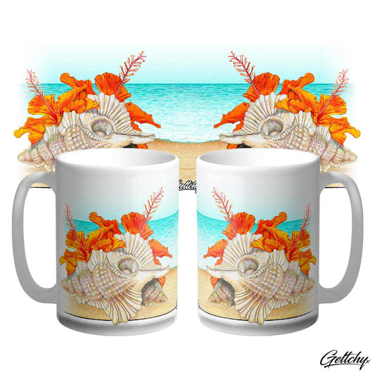 Geltchy | PARADISE Hibiscus and Seashell 15oz Illustrated Beach Home Decor 15oz Unique Coffee Mug designed and made in Australia
