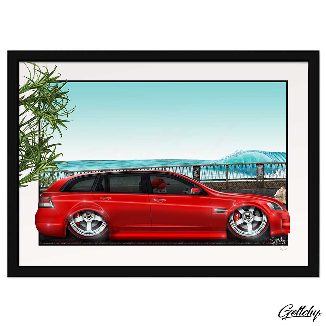 Geltchy | PERRY RED Slammed Holden VE Commodore Custom Wagon V8 Street Machine Coolum Beach Boardwalk Home Decor Framed Art Prints