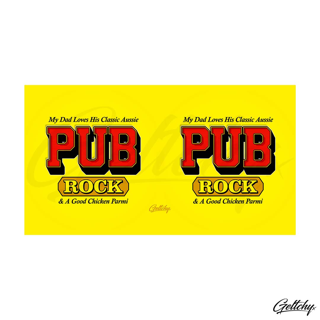 Geltchy | PUB ROCK Beer Stubby Cooler MY DAD LOVES HIS CLASSIC AUSSIE PUB ROCK and a Good Chicken Parmi Old School Typography Lettering Illustrated Gift Artwork