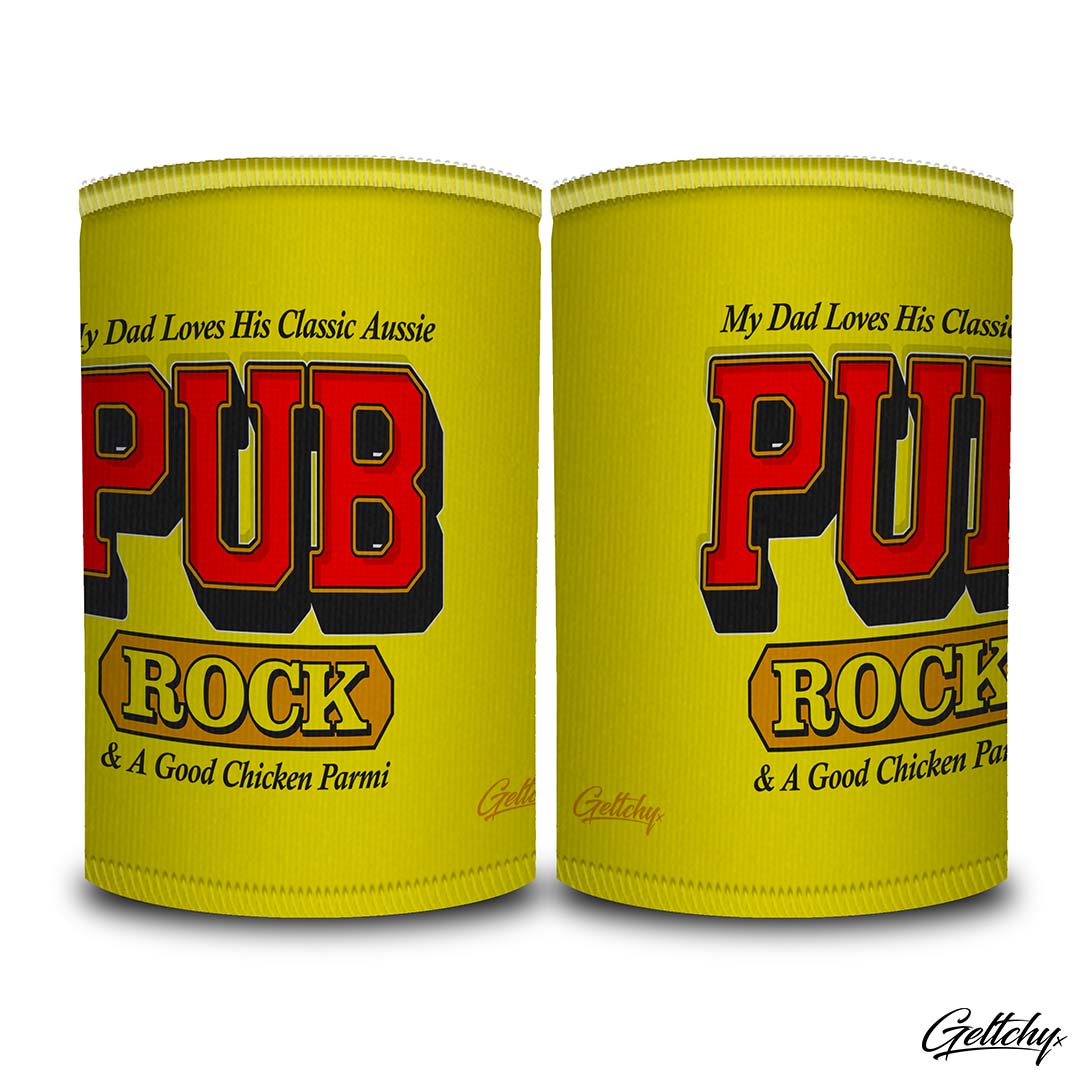 Geltchy | PUB ROCK Beer Stubby Cooler MY DAD LOVES HIS CLASSIC AUSSIE PUB ROCK and a Good Chicken Parmi Old School Typography Lettering Illustrated Gift