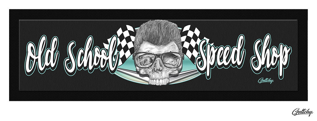 Geltchy | SPEED SHOP Bar Runner Old School Skull and Typography Unique Lowbrow Illustrated Man Cave Barware Gift