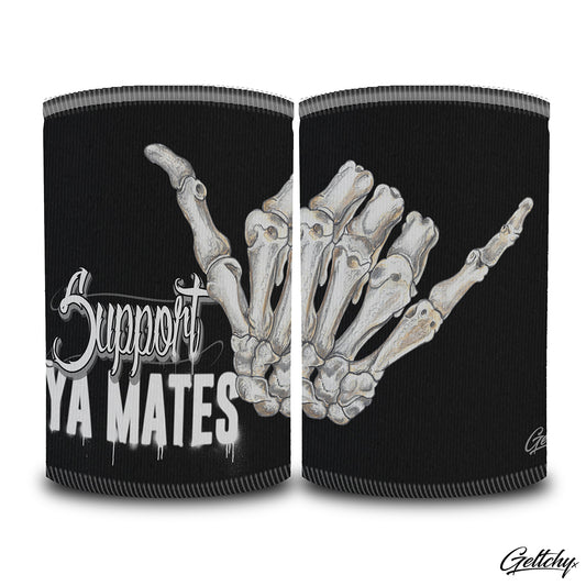 Geltchy | SUPPORT YA MATES Beer Stubby Cooler Black Skeleton Shaka Hand Illustrated Lowbrow Typography Giftware