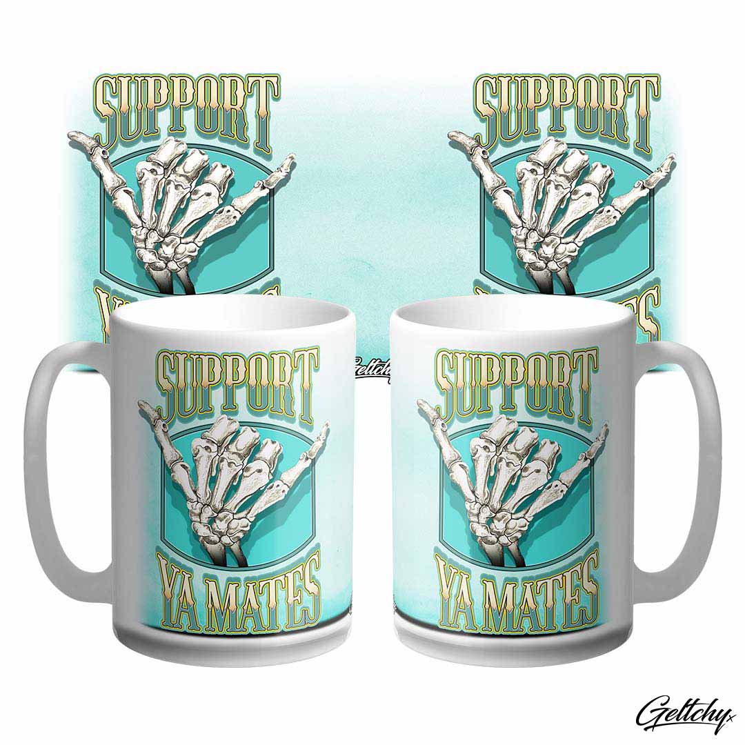 Geltchy | SUPPORT YA MATES Large 15oz Skeleton Shaka Hand Old School Lowbrow Illustrated Unique Coffee Mug designed and made in Australia