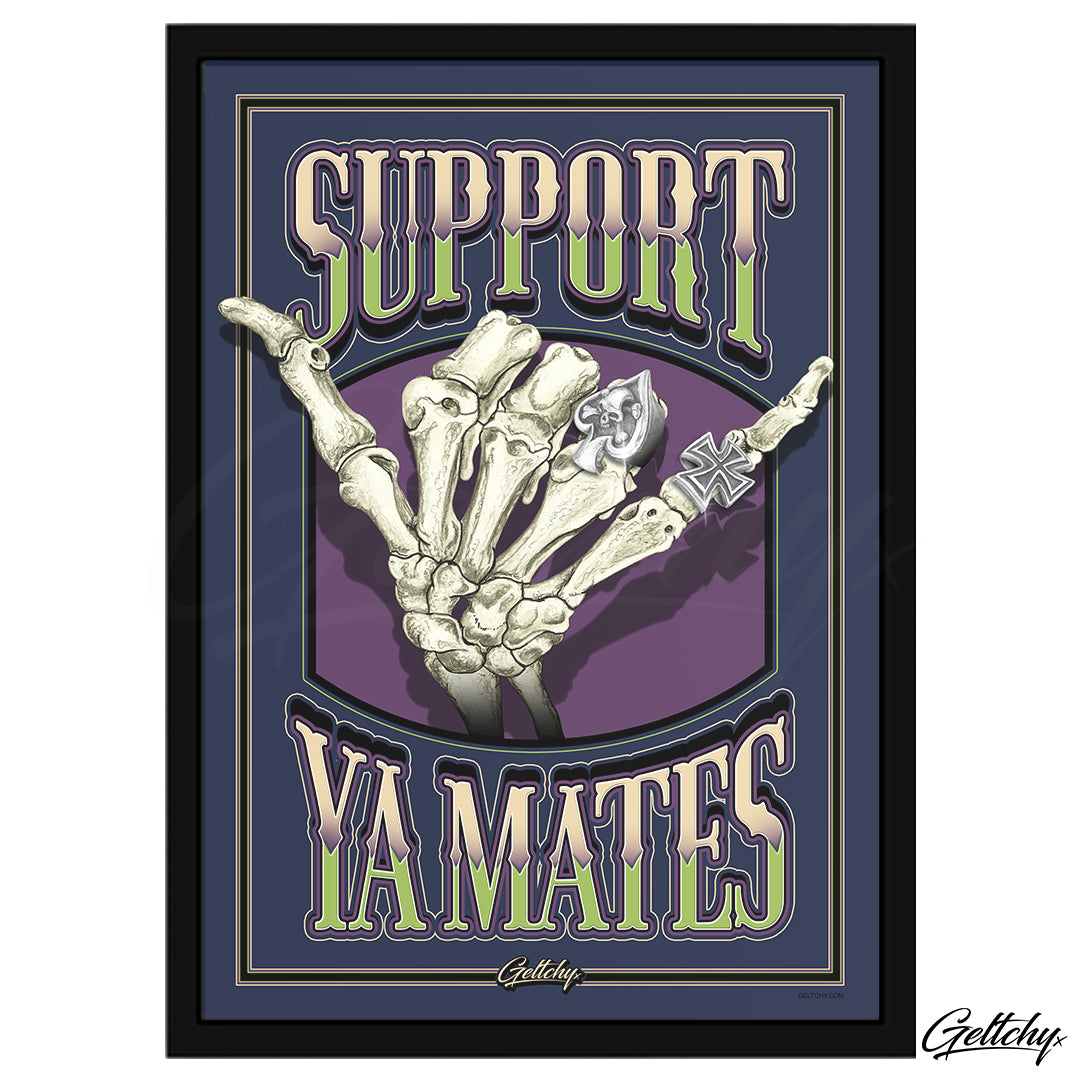Geltchy | SUPPORT YA MATES Shaka Blue Typography Lettering Man Cave She Shed Visual Artwork Home Decor Framed Poster Print