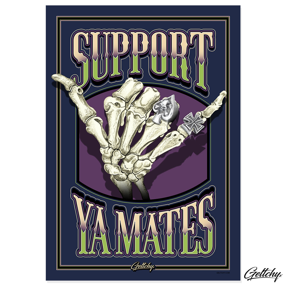 Geltchy | SUPPORT YA MATES Shaka Blue Typography Lettering Man Cave She Shed Visual Artwork Home Decor Poster Print