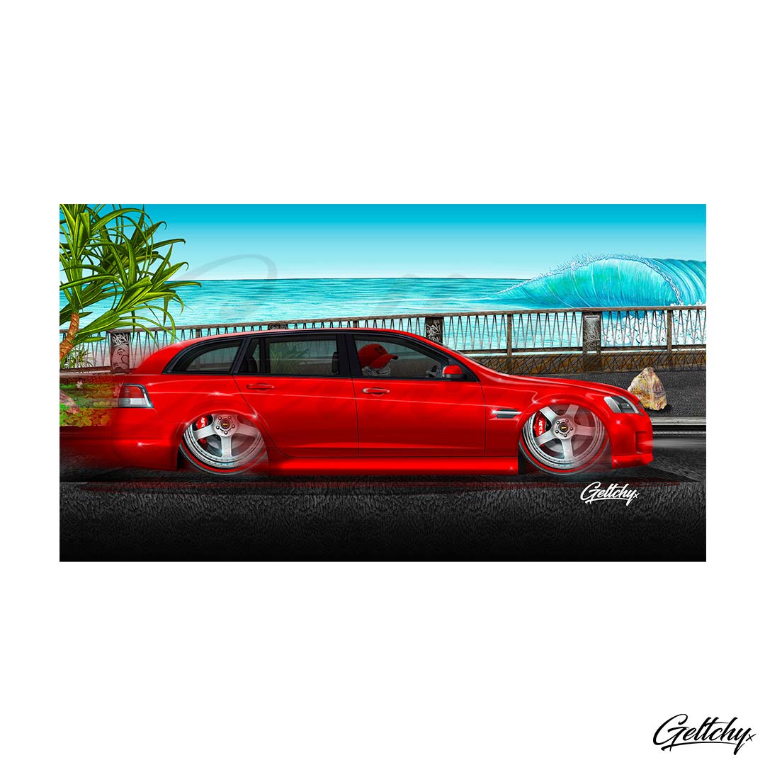 Geltchy | VE COMMODORE Beer Stubby Cooler GMH Holden Sting Hot Red Slammed V8 Street Machine Wagon Illustrated Car Gift Artwork