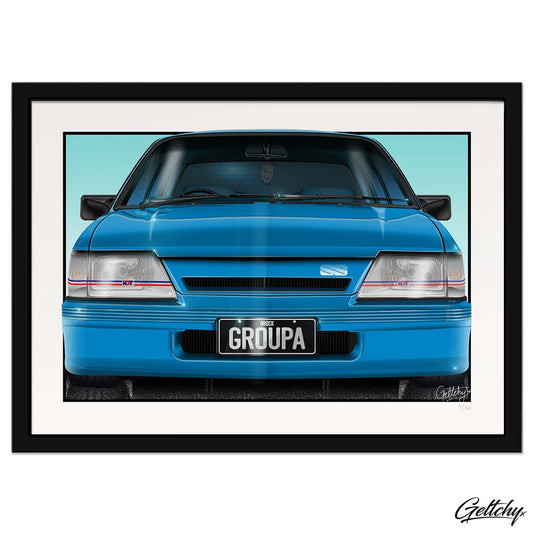 Geltchy | VK HOLDEN COMMODORE GROUP A SS Peter Brock Blue Meanie GMH HDT Street Machine Best Man Cave Art Illustrated Car Framed Print